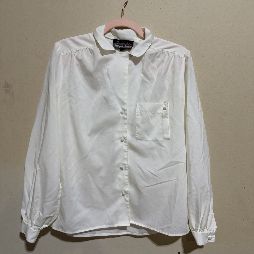 Vintage Lady Manhattan Ivory Blouse Size 12 Balloon Sleeve Covered Buttons